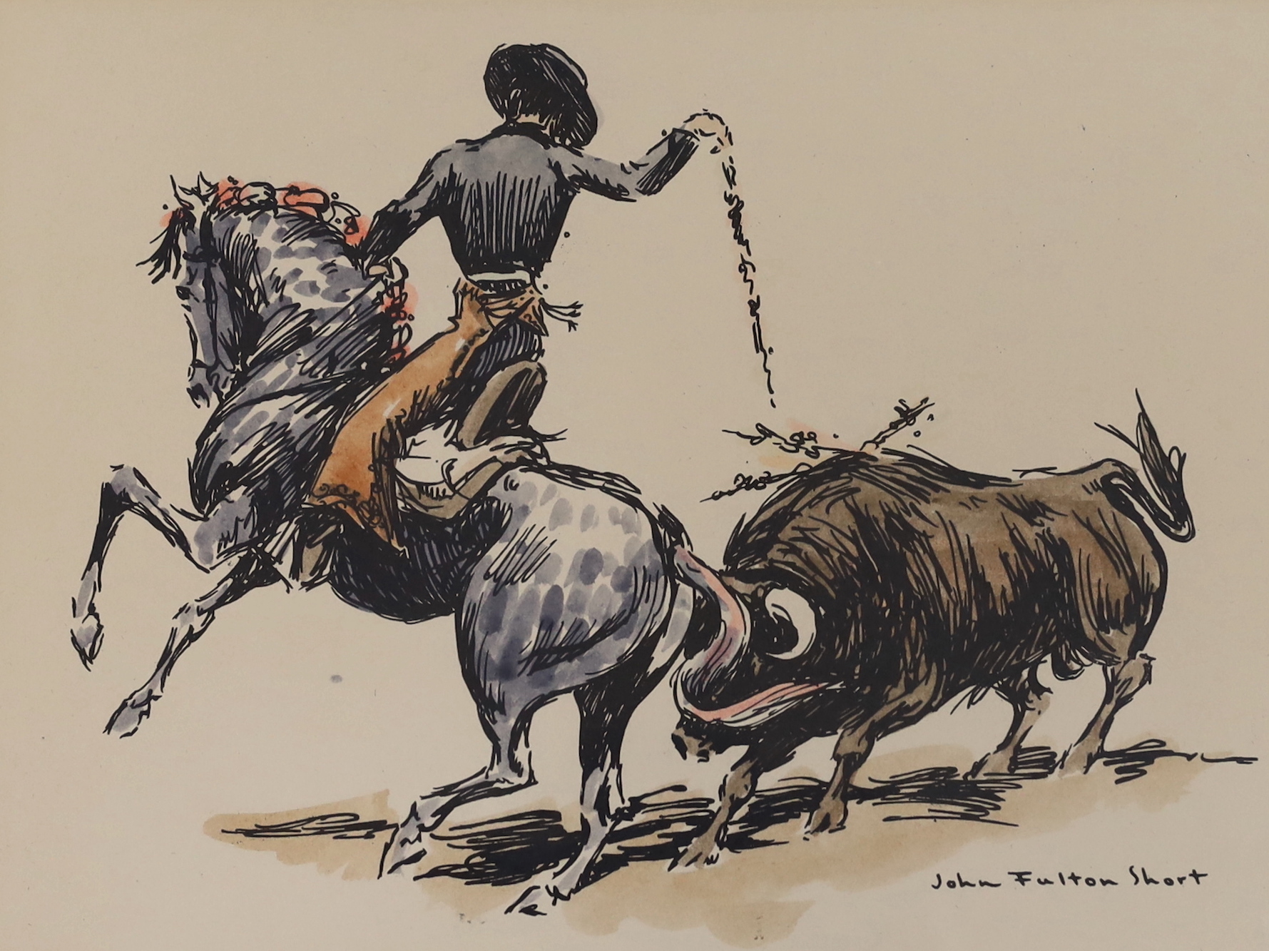 John Fulton Short (1932-1998), pair of ink and watercolours, Matadors and bulls, each signed, 22 x 30cm